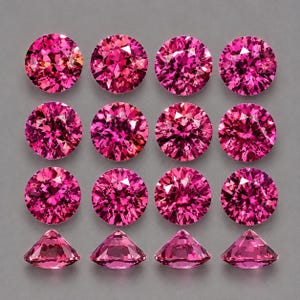 May include: A collection of twelve round, brilliant-cut fuchsia pink gemstones arranged in a grid. The top three rows display the stones from a top-down perspective, while the bottom row shows four stones from a side profile view.