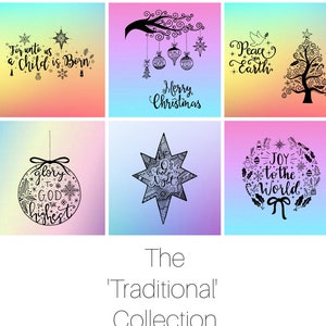 May include: A collection of six Christmas-themed illustrations with black ink drawings on a colorful gradient background. The illustrations include a star, a Christmas tree, a wreath, a hanging ornament, a hanging branch with ornaments, and a text-based illustration that says "For unto us a Child is Born". The text "The 'Traditional' Collection" is at the bottom of the image.