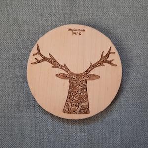 Stag Coaster Round Hand-Designed Deer Christmas Placemats Locally Engraved Wooden Maple
