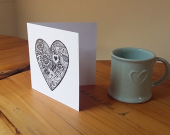 NEW Square Hand Designed Heart Card Print Grey White Doodle Art