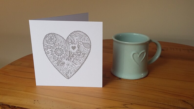 NEW Square Hand Designed Heart Card Print Grey White Doodle Art