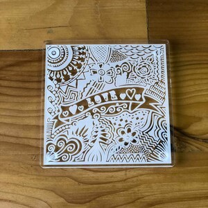 Hand Designed LOVE Coaster Clear Acrylic White