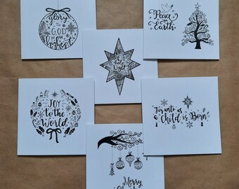 Pack of 10 Traditional Christmas Cards Hand Designed Made in Yorkshire Unique Black White Doodle Recycled Envelopes