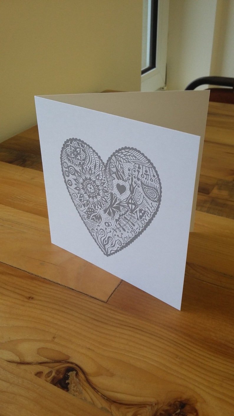 NEW Square Hand Designed Heart Card Print Grey White Doodle Art