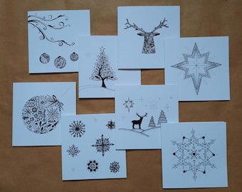 Pack of 10 Contemporary Christmas Cards Hand Designed Made in Yorkshire Unique Black White Doodle Recycled Envelopes