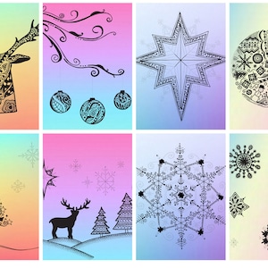 Op de afbeelding: Een set van zes kleurrijke kerstkaarten met zwart-wit illustraties van een hert, een ster, een kerstbal, een kerstboom, een sneeuwvlok en een hert in een winters landschap.