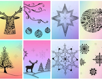 Pack of 10 Contemporary Rainbow Christmas Cards Hand Designed Made in Yorkshire Unique Black White Doodle Recycled Envelopes