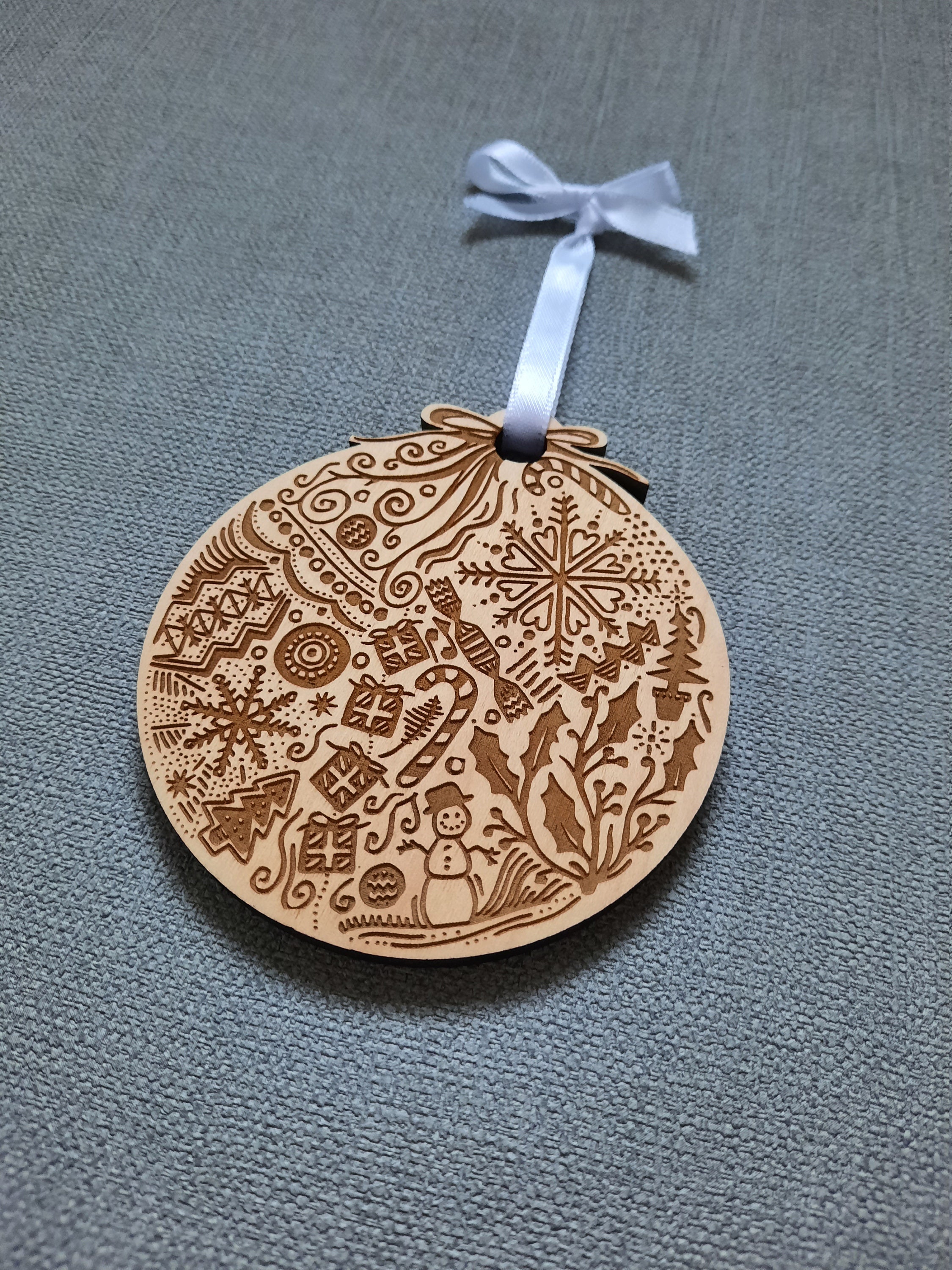 Christmas Decoration Hand Designed Tree Bauble Candy Cane Snowman Wooden Rustic Ribbon Locally Engraved