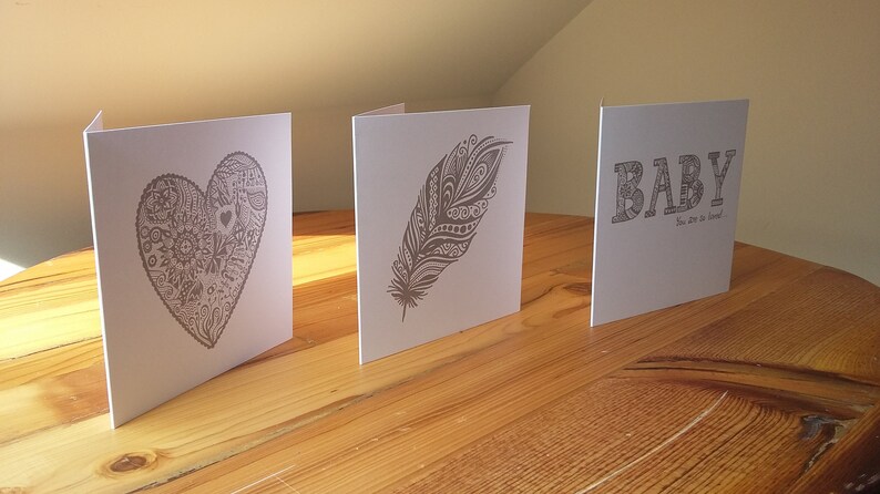 NEW Square Hand Designed Heart Card Print Grey White Doodle Art