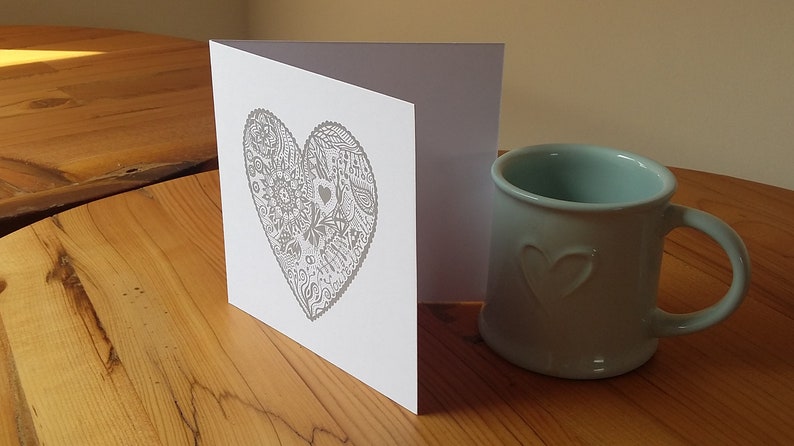 NEW Square Hand Designed Heart Card Print Grey White Doodle Art