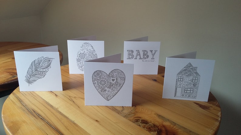 NEW Square Hand Designed Heart Card Print Grey White Doodle Art
