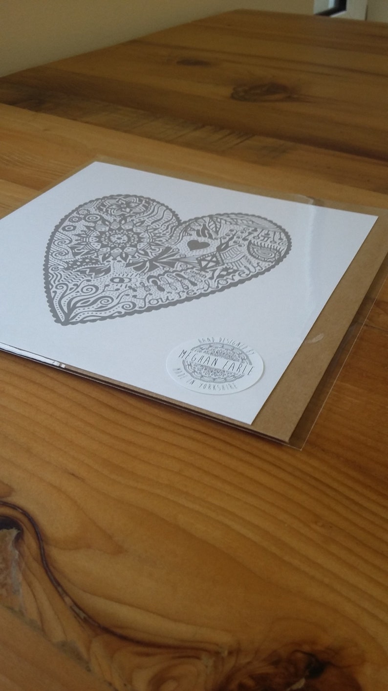 NEW Square Hand Designed Heart Card Print Grey White Doodle Art