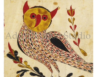 Fraktur Owl, Early American Folk Painting, Primitive Americana Art, Archival Print