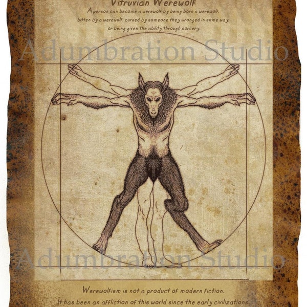 Vitruvian Werewolf Vignette Print, Wolfman, Werewolfism, Lycanthropy, Ancient Etymology, Instant Digital Print Download, FREE SHIPPING