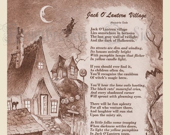 May include: Sepia-toned illustration of a Halloween scene with a poem titled "Jack O'Lantern Village." The image depicts a village with houses, a witch flying, and children with pumpkin lanterns. The text of the poem is also visible.