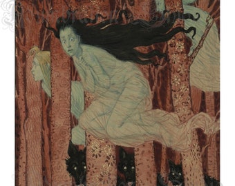 Three Women and Three Wolves, Eugène Grasset, Witches, Werewolves, Witchcraft, Art Nouveau, Woodland Forest, Archival Print