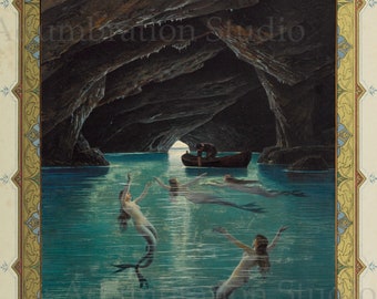 Fisherman and Mermaids in the Blue Grotto on Capri, Sirens, by Hermann Corrodi, Gradola, Archival Giclée Print