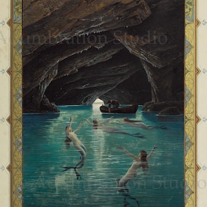 Fisherman and Mermaids in the Blue Grotto on Capri, Sirens, by Hermann Corrodi, Gradola, Archival Print