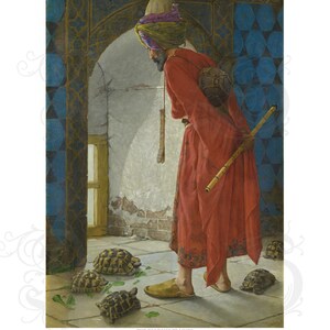 May include: A man in a red robe and turban stands in a tiled room, holding a flute and looking at a group of tortoises on the floor. The room has a blue and gold tiled archway and the text "THE TORTOISE TRAINER" is printed below the image.