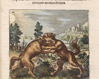 The Wolf and the Dog Have Bitten Each Other,  Alchemical Symbolism, Michael Maier, Philosopher's Stone, Circa 1618 Alchemy Giclée Print