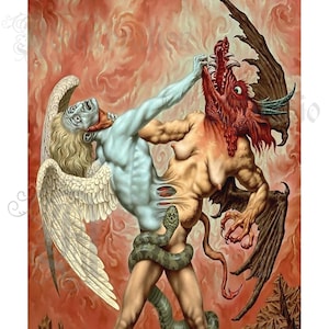 May include: An artistic depiction of a battle between good and evil. A winged angel with pale skin and a serpent wrapped around the legs is fighting a red, demonic figure. The background is a fiery red and orange.