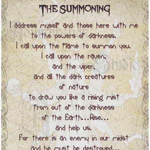May include: A vintage-style parchment paper background with a spiderweb pattern. The text reads "THE SUMMONING" and includes a poem about calling upon the powers of darkness. The text ends with "Old Gypsy Ritual".
