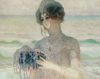 Story of the Sea, Portrait of Emilia Auszpitz, by Kazimierz Stabrowski, Coastal, Art Nouveau, Art Deco, Circa 1910 Archival Giclée Print