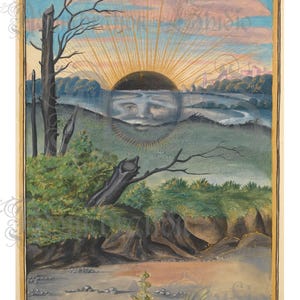May include: A watercolor painting depicting a black sun with a human face in the center, surrounded by rays of light. The sun is set against a backdrop of a green landscape with trees and a river. The painting is titled "The Black Sun" by Edith Annie Rhys.