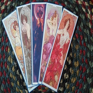 Alphonse Mucha Precious Stones 5 Bookmark Set, Art Nouveau, Book lover&#39;s Gift, Gifts Under 15.00