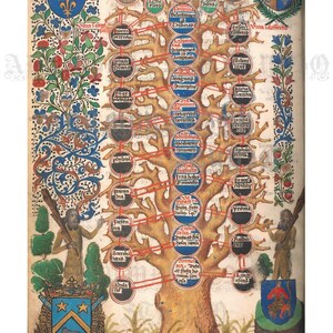 May include: An illuminated manuscript page featuring a detailed tree diagram with interconnected circles, text, and red lines. The artwork includes decorative borders with floral and heraldic elements, and the text "Aristotle's Nicomachean Ethics" at the bottom.