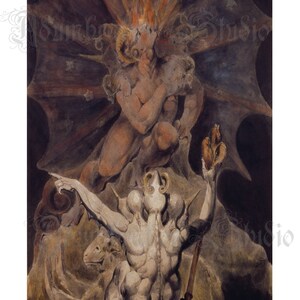 May include: A print of William Blake's artwork, featuring figures in shades of brown and white. The image depicts a scene with a central figure holding a flame, with text at the bottom reading "THE NUMBER OF THE BEAST IS 666".