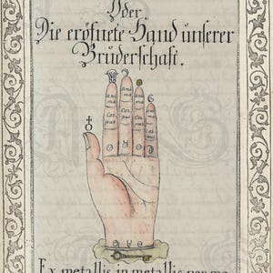 May include: Antique illustration of a hand with symbols and text. The text reads "Arcanum Arcanorum" and "Die eröfurte Sand unferer Brüderfchaft." The hand is depicted with various markings and symbols, with a decorative border.