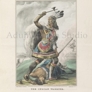 The Indian Warrior, Nathaniel Currier, circa 1845 American Indian Hand Colored Lithograph, Archival Print