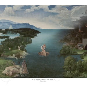 May include: A painting depicting a scene from Greek mythology, showing two figures in a boat crossing the River Styx. The river is depicted as a dark, swirling body of water, and the figures are surrounded by a dark, foreboding landscape. The painting is titled "Crossing of the Styx" by Dutch painter,  Lucas van Leyden.