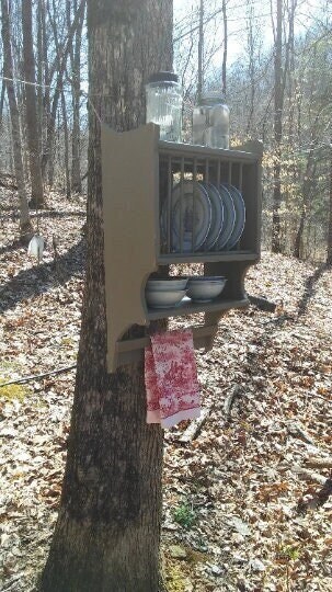 Narrow Farmhouse Plate Rack with Primitive Towel Rung, 18" Hanging Plate Rack, Holds 8 Plates, Country Kitchen Wall Rack, Handmade