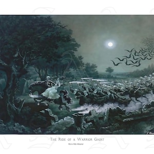 May include: A dark, atmospheric painting titled "The Ride of a Warrior Ghost" by Pierre-Félix Wiesenner. The artwork depicts a moonlit scene with spectral figures, a ghostly rider, and a flock of bats. The color palette is dominated by shades of gray and blue.