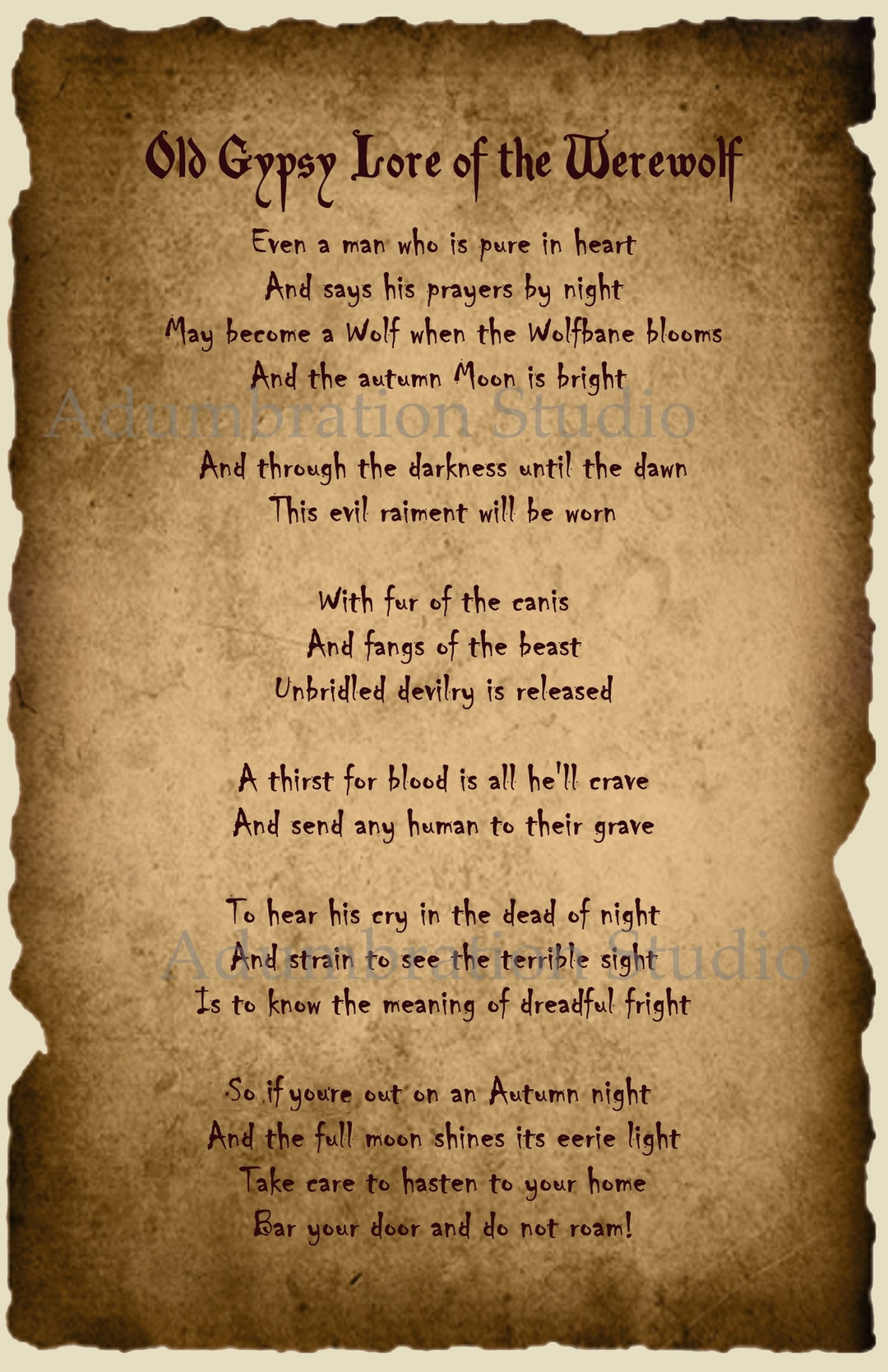 Old Gypsy Lore of the Werewolf Parchment Print Gypsy Poem Even a Man ...