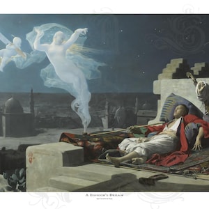 May include: An artistic print depicting a dream scene. A figure reclines on a rooftop, with a spirit-like form floating above. The artwork features a night sky, cityscapes, and the text "A Eunuch's Dream."