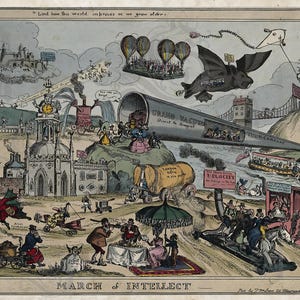 May include: A colorful, vintage illustration titled "March of Intellect." The image depicts a whimsical scene with hot air balloons, a bat-shaped airship, and a large tube labeled "Grand Vacuum." Various modes of transport and figures are scattered throughout the landscape.