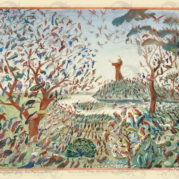 The Sermon to the Birds by St. Francis of Assisi, Oskar Laske, Religious Scene,  Expressionist Art, Canticle of the Creatures Giclée Print