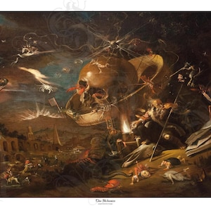 May include: A dark, detailed painting depicting a surreal scene with a large skull at the center. Figures and creatures surround the skull, with a chaotic and ominous atmosphere. The painting is titled "The Alchemist".
