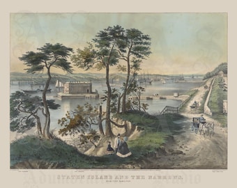 Staten Island and the Narrows, Circa 1861, Fort Hamilton, Fort Lafayette, Seascape Hand-Colored Lithograph, Archival Giclée Print
