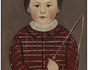 Retrato de un niño vestido de rojo con un látigo, Sturtevant J. Hamblin, Pintura folclórica estadounidense temprana, Arte primitivo americano, Impresión giclée de archivo