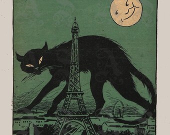 Primavera en París, Ambiente primaveral en París, Gato negro siniestro, Torre Eiffel, Telón de fondo parisino melancólico de 1923, Impresión giclée de archivo melancólica