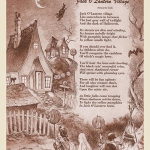 Puede incluir: Una ilustración de un pueblo de Halloween con casas, calabazas y niños disfrazados. El texto dice "Jack O' Lantern Village" e incluye un poema sobre el pueblo.