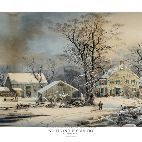 Winter in the Country - A Cold Morning,  by George Henry Durrie , Americana, Victorian Farm Christmas, Winterscape, 1864 Archival Print