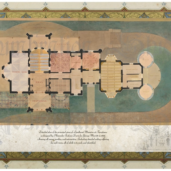 Lyndhurst Floor Plan Vignette, Hudson River Villa, Alexander Jackson Davis, 1865 Ready for Framing, 19th Century Watercolor, Archival Print