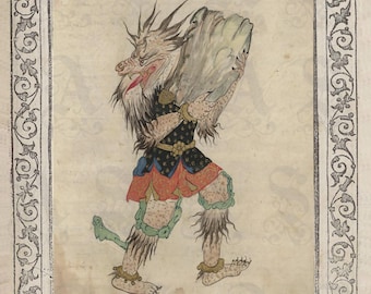 Demonio cargando una gran roca, Dev persa, al estilo de Muhammad Siyah Qalam, dibujo folclórico persa, impresión giclée de archivo.