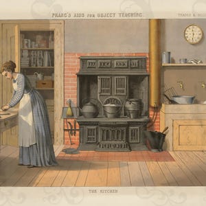 May include: An antique illustration of a kitchen scene. A woman in a long dress and apron stands near a table. A large stove, sink, and shelves are visible. The image has a vintage aesthetic with warm tones.