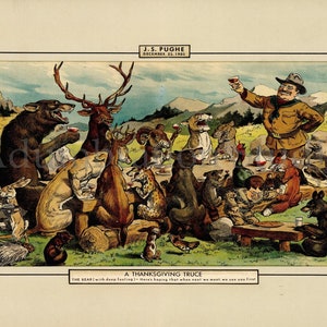 A Thanksgiving Truce, J. S. Pughe, Teddy Roosevelt, North American Hunting, Game Animals,  Puck Magazine, Archival Print Ready to Frame